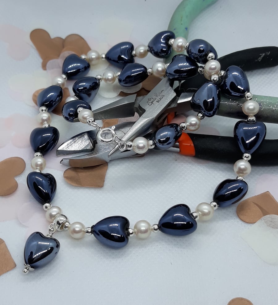 NL35 Blue ceramic heart and fresh water pearl necklace