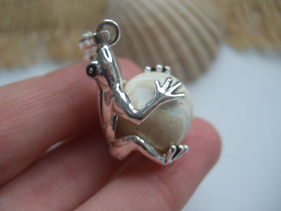 Frog necklace, sea clay marble in silver plated frog pendant, beach find marble 