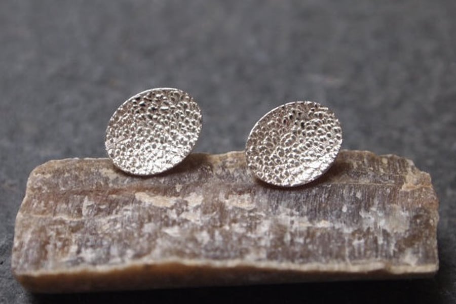 silver stud earrings, textured oval earrings