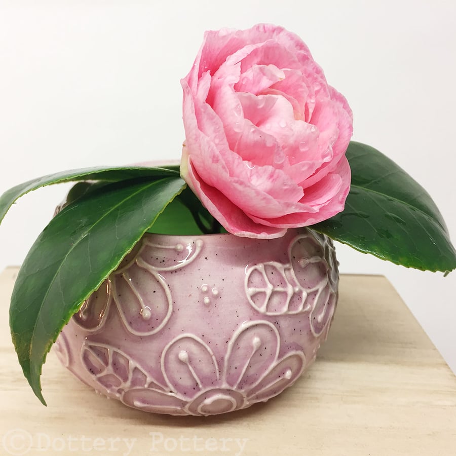 Pink and Green ceramic pot pottery bowl raised flower pattern plant pot cactus 