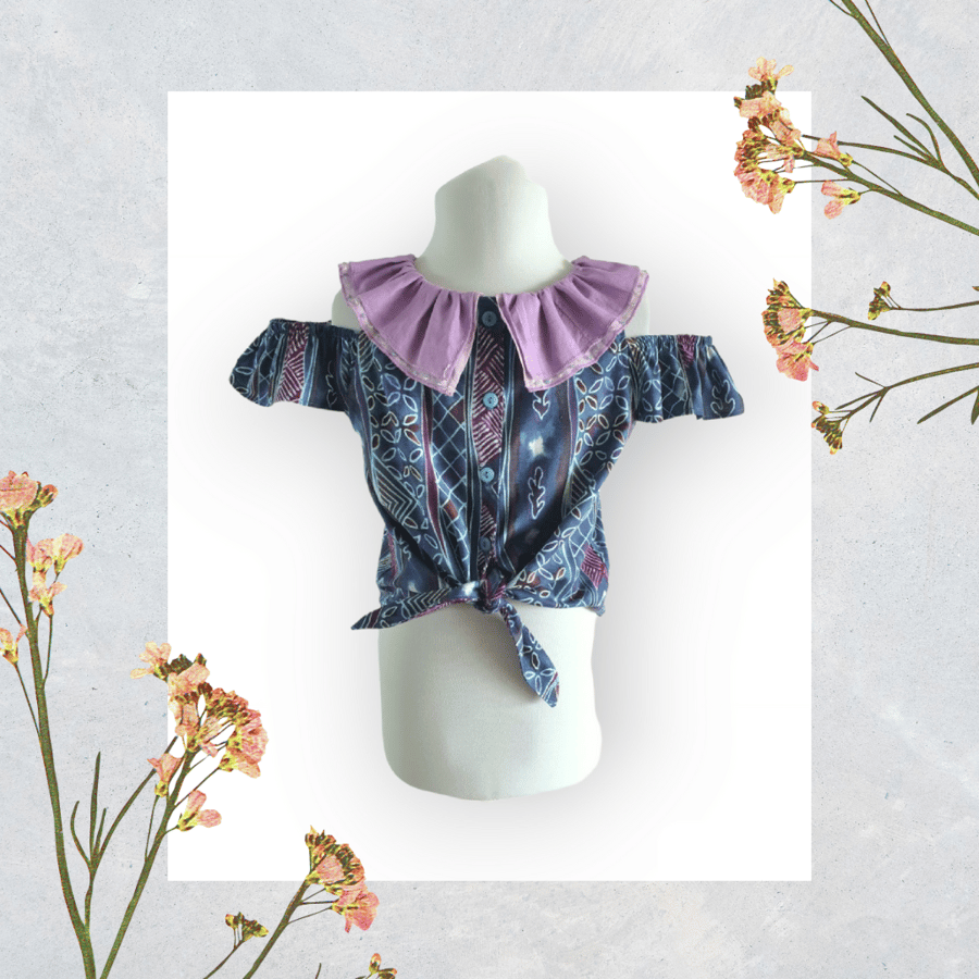 Cold Shoulder Tie Front Blouse With Gathered Collar And Scrunchie. 6-8yrs