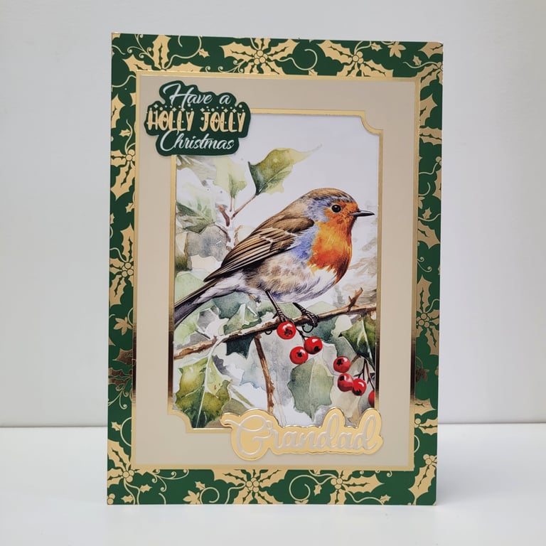 Grandad Christmas Card - Holly Jolly Robin Design - Traditional Christmas Card