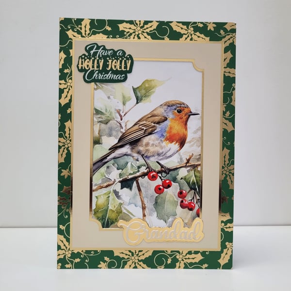 Grandad Christmas Card - Holly Jolly Robin Design - Traditional Christmas Card