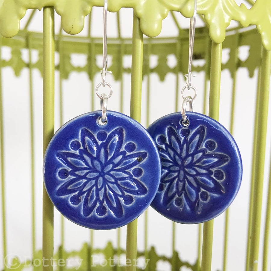Handmade ceramic disc earrings on sterling silver ear wires