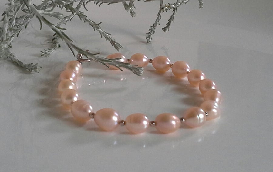 Large Freshwater Cream Culture  Pearl Sterling Silver Bracelet