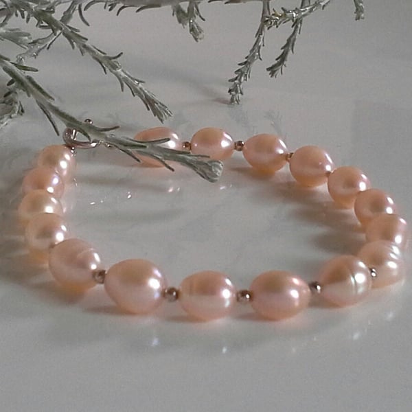 Large Freshwater Cream Culture  Pearl Sterling Silver Bracelet