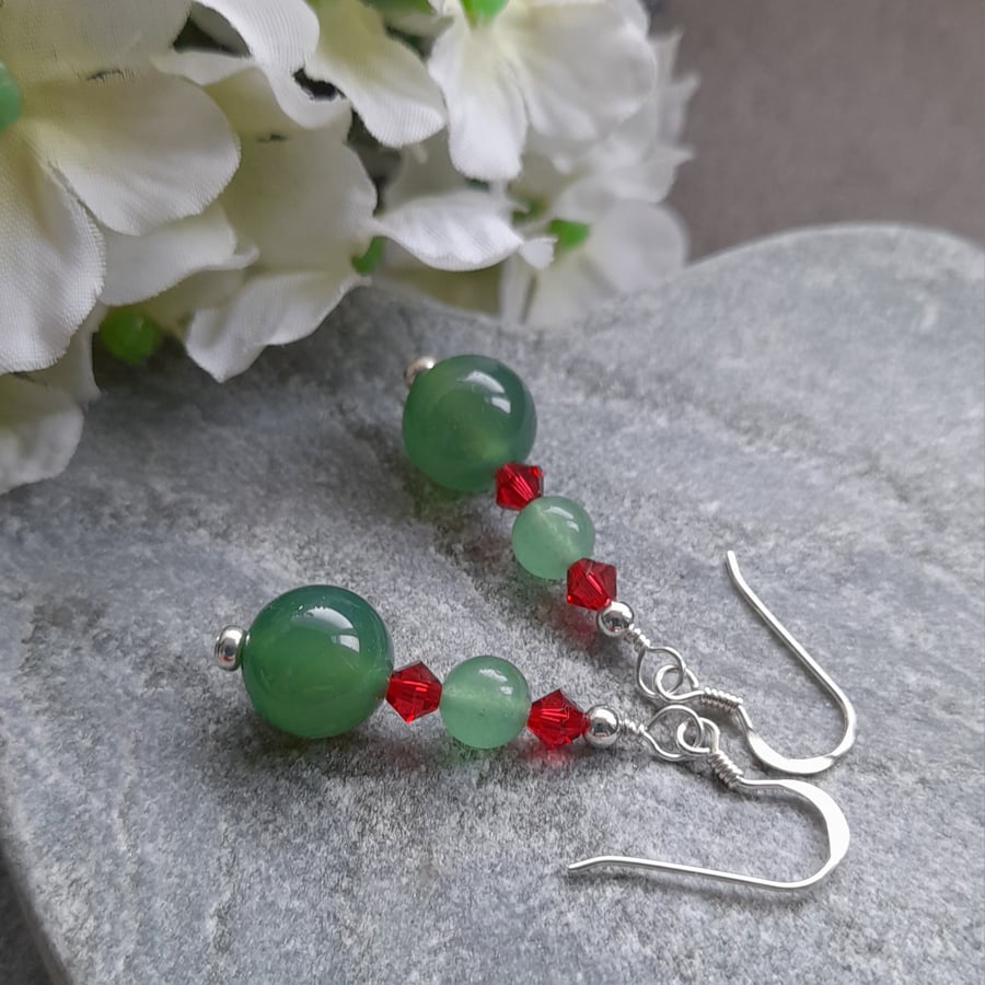 Green Agate and Red Crystal Drop Sterling Silver Earrings 