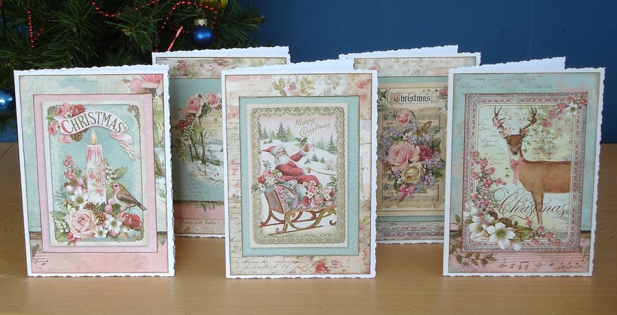 Christmas cards, Set of 5, with vintage style images