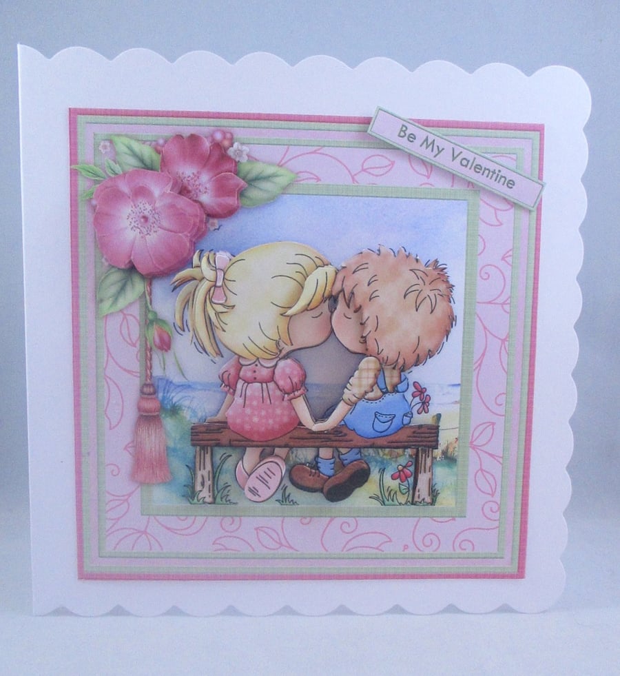 Handmade 3D Valentine Card, cute couple kissing,decoupage,personalise,