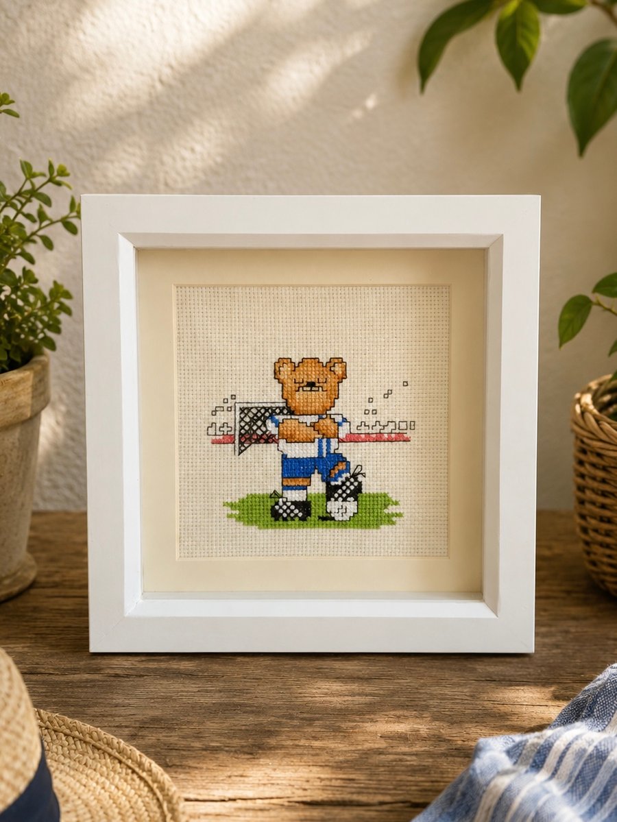 Framed Football Teddy Bear Cross Stitch 