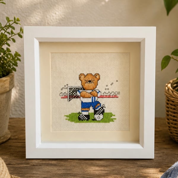 Framed Football Teddy Bear Cross Stitch 