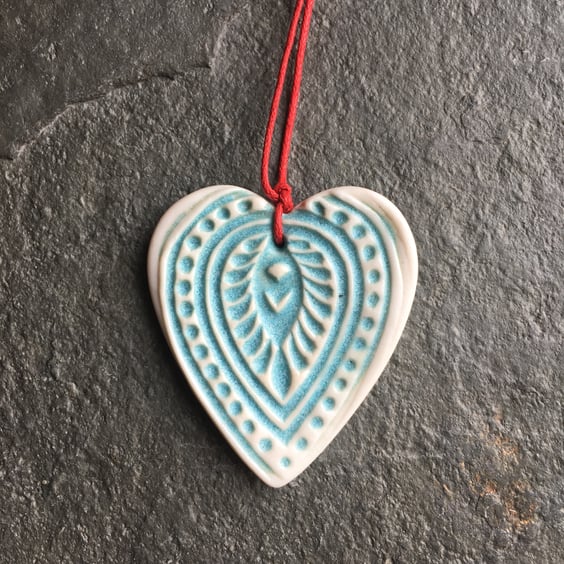 Scandi Folk Heart Aqua Love hug decoration gift The Porcelain Menagerie