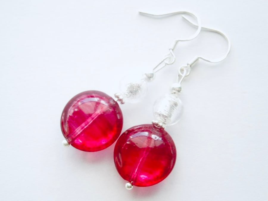 Murano glass pink and silver drop earrings with sterling silver.