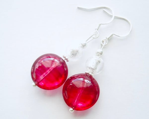 Murano glass pink and silver drop earrings with sterling silver.