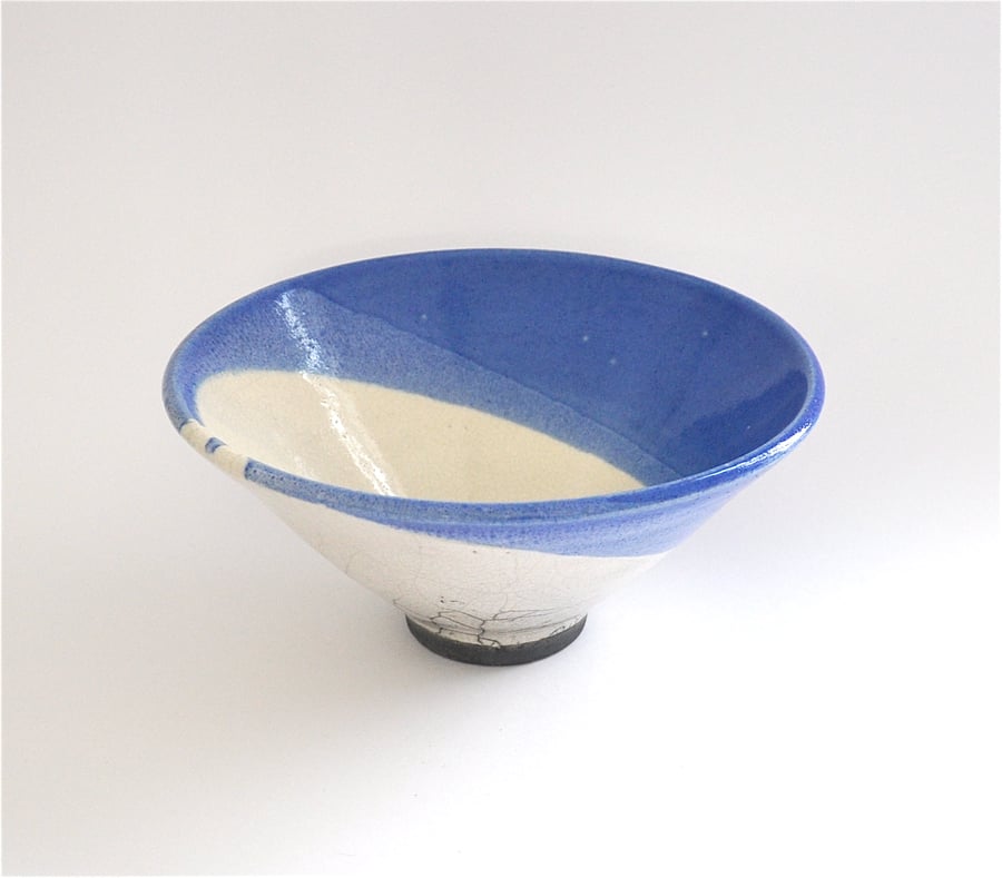 Blue and white Raku bowl - handmade pottery