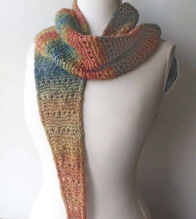 Handspun Knitted Scarf, Boomerang, Merino, Linen, Orange, Green, Blue