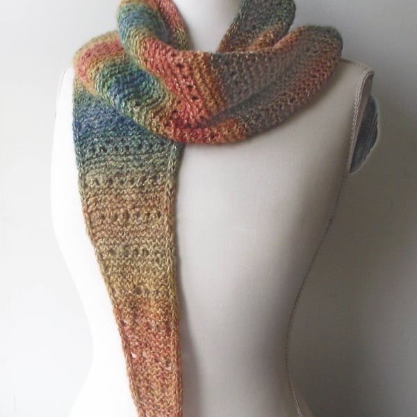 Handspun Knitted Scarf, Boomerang, Merino, Linen, Orange, Green, Blue