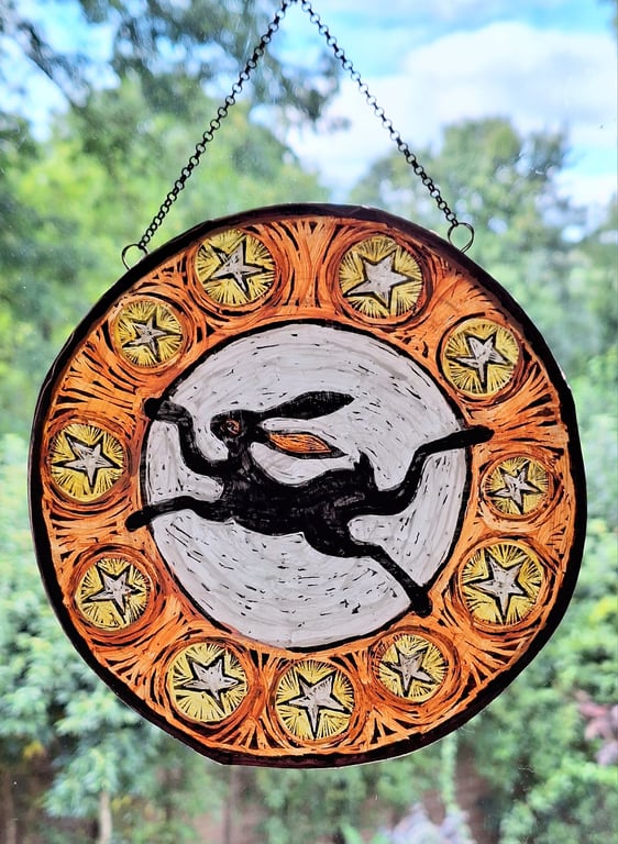 HARE and STARS WINDOW PANEL WALL HANGING. HAND PAINTED HARE. 7 x 7 inches.