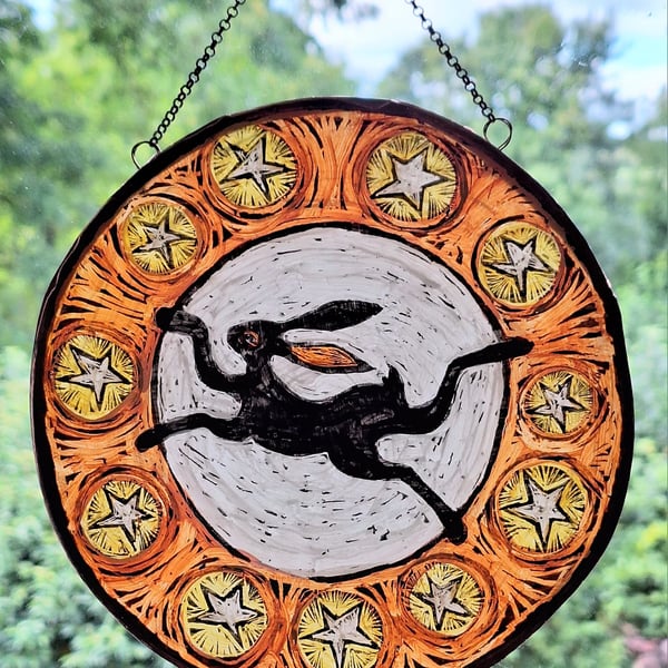 HARE and STARS WINDOW PANEL WALL HANGING. HAND PAINTED HARE. 7 x 7 inches.