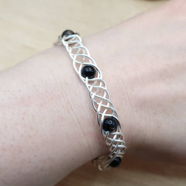 Hypersthene cuff bracelet. Gemstone wire wrap