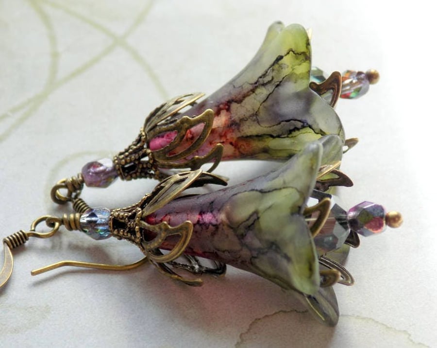 Green Red Purple "The Potager" Hand Painted Lucite Flower Earrings