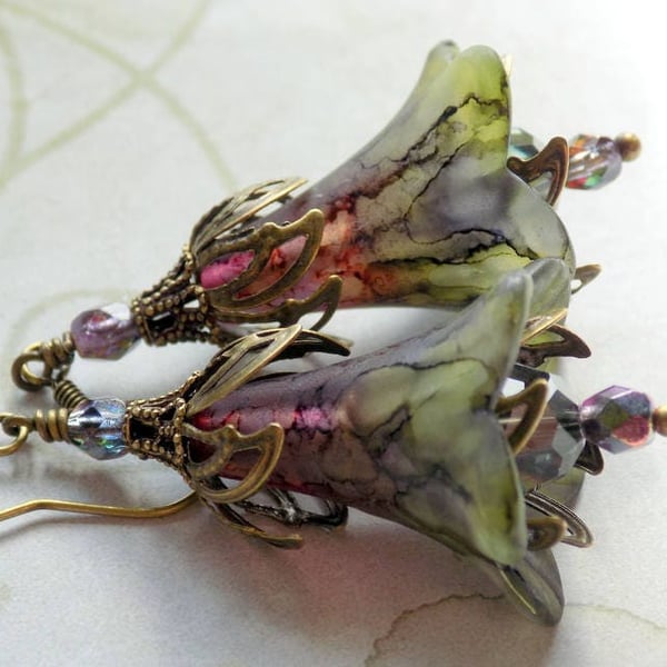 Green Red Purple "The Potager" Hand Painted Lucite Flower Earrings