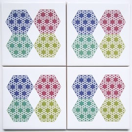 4 x Pastel Hexagon Pattern Ceramic Tile Coasters with Cork Backing