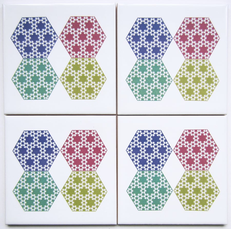 4 x Pastel Hexagon Pattern Ceramic Tile Coasters with Cork Backing