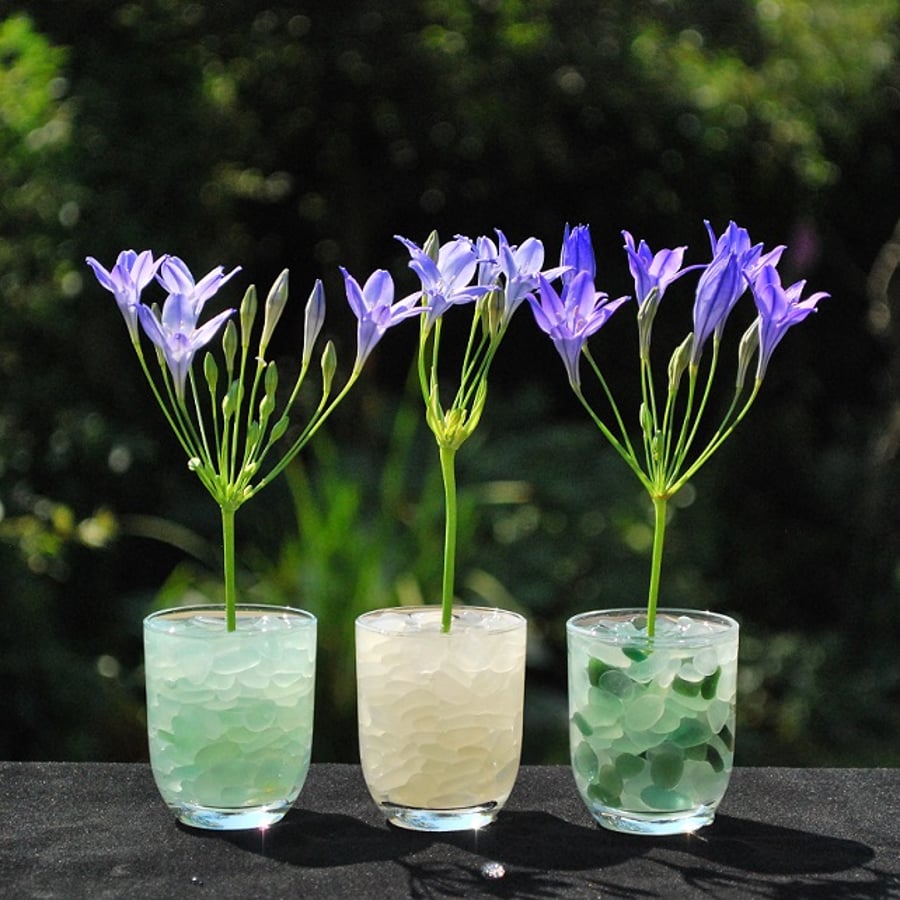 Set of three vases with sea glass chips