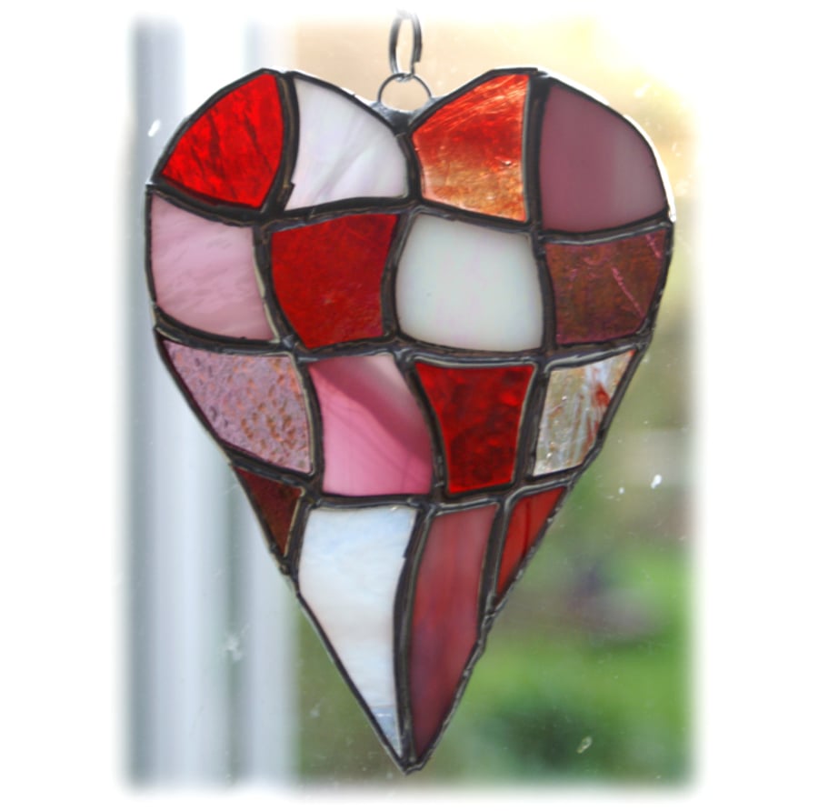 Patchwork Heart Suncatcher Stained Glass Handmade Red Pink