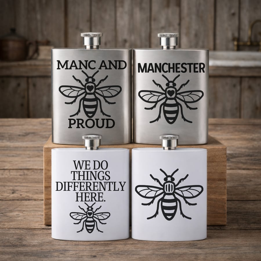 Manchester Bee Stainless Steel Hip Flask Variations available