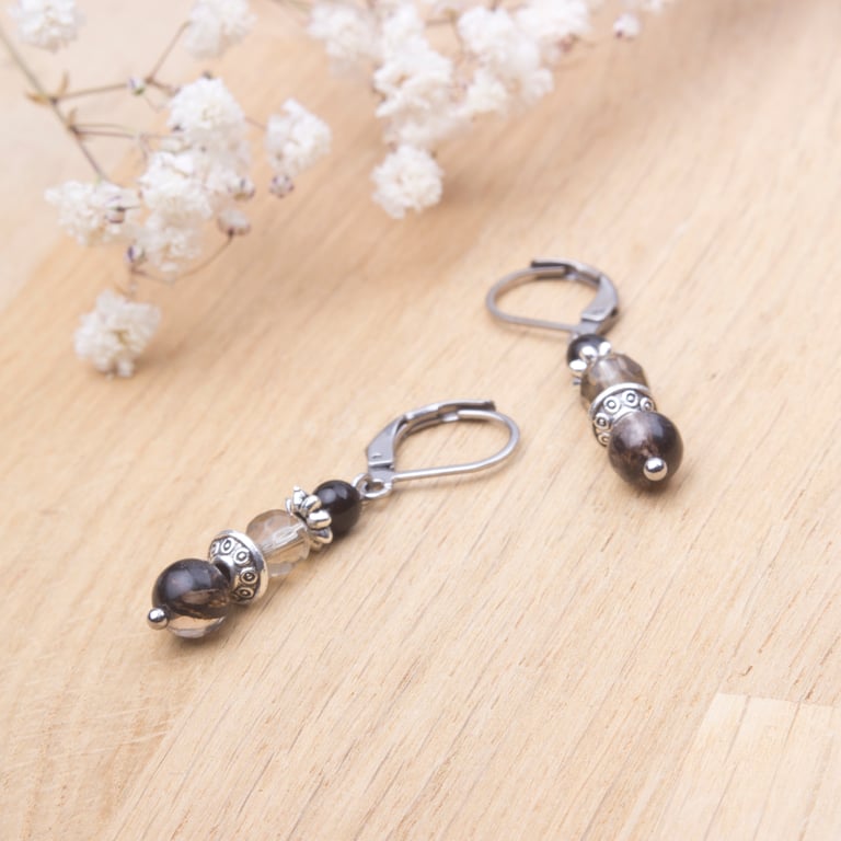 Gemstone dangle earrings - Black rutilated quartz - Boho bead dangle jewellery