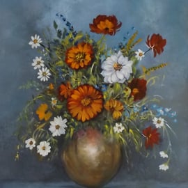 A still life acrylic painting of mixed flowers titled The Copper Vase