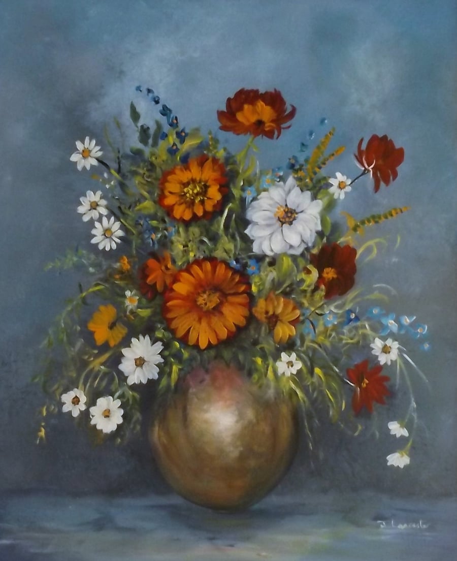 A still life acrylic painting of mixed flowers titled The Copper Vase