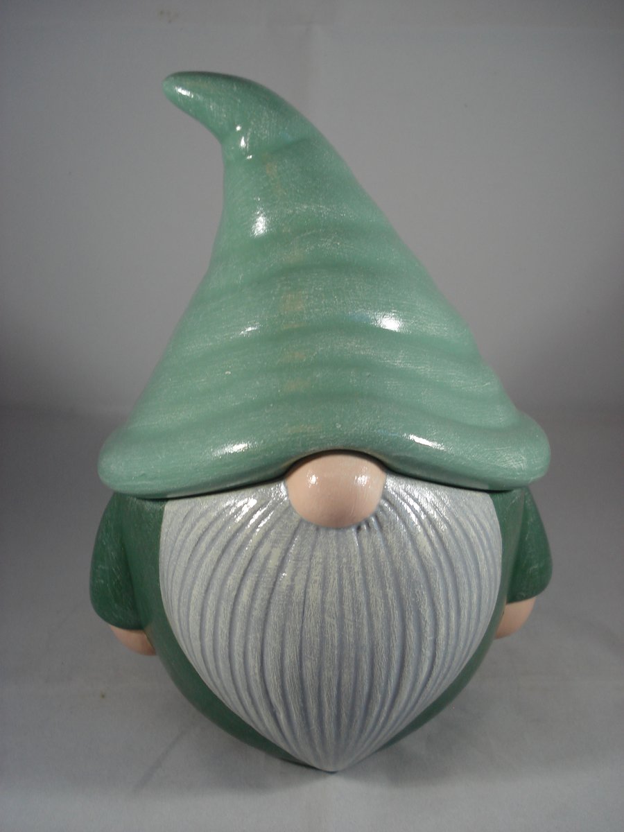 Novelty Ceramic Green Garden Gnome Gonk Decorative Container Ornament.      
