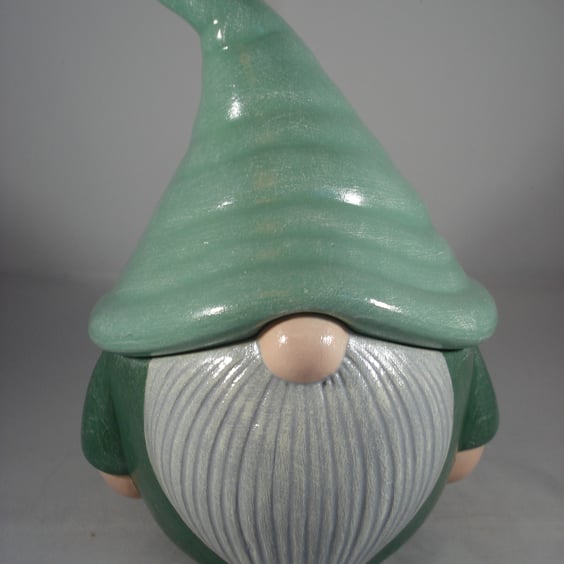 Novelty Ceramic Green Garden Gnome Gonk Decorative Container Ornament.      