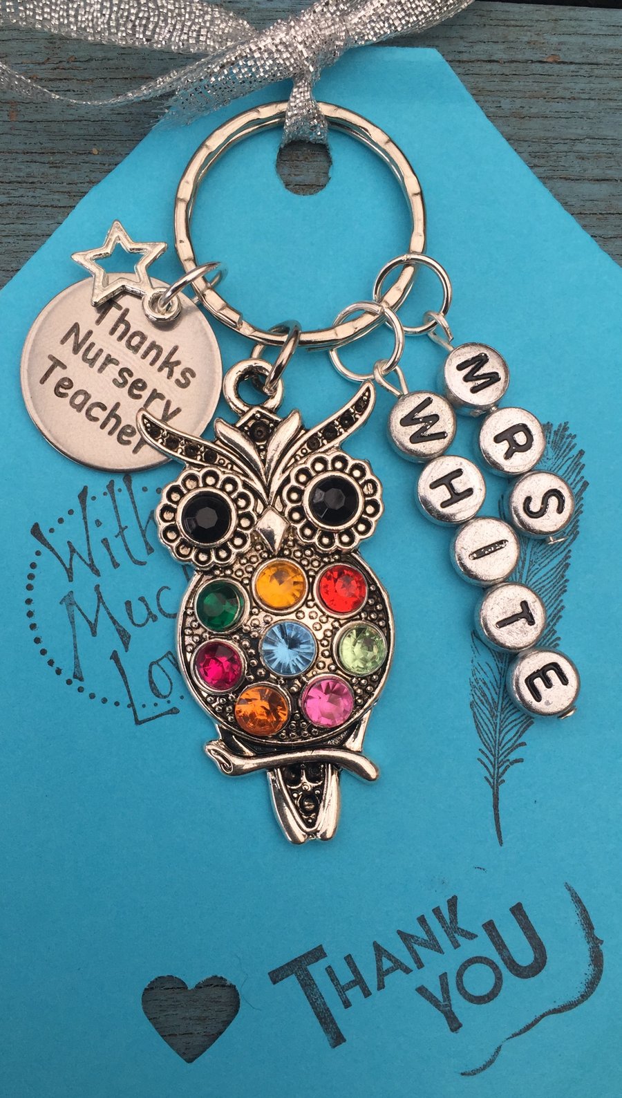 Personalised Thanks Nursery Teacher Owl Keyring Keychain 