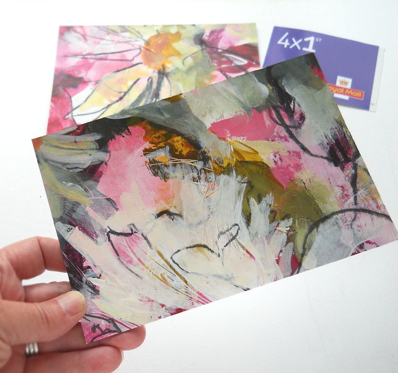 original abstract floral painting handmade postcard 