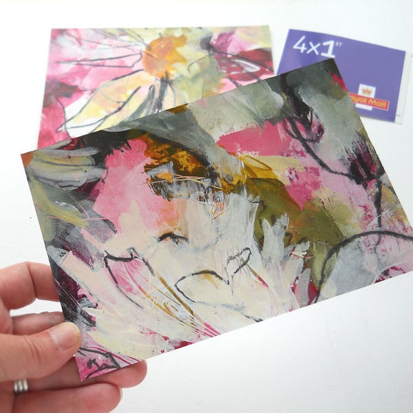 original abstract floral painting handmade postcard 