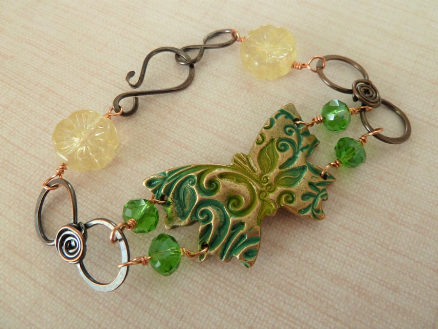 handmade bronze green butterfly and copper bracelet 