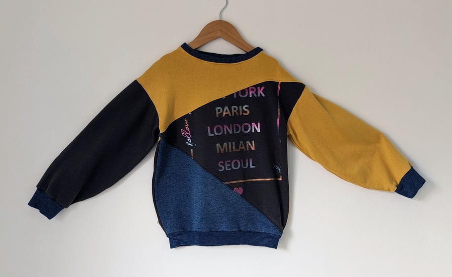 Upcycled kids jumper with fashion city feature, 5-7 years 