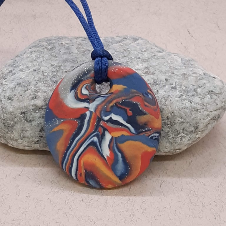 Handmade multi coloured polymer clay round pendant