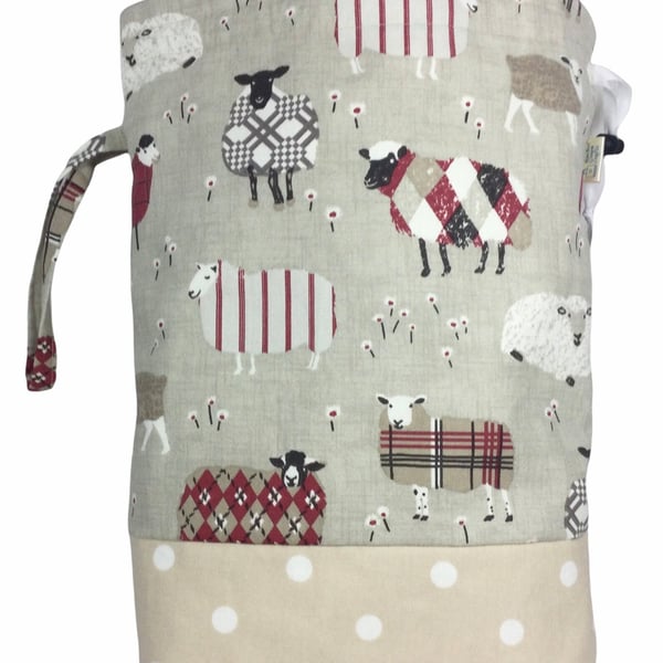 Extra Large two at a time knitting bag with sheep, divided drawstring wristlet, 