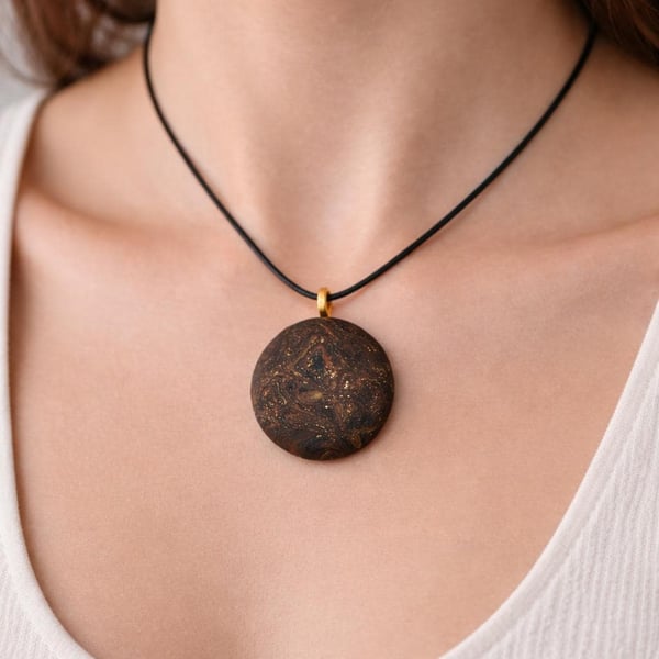 Handmade Polymer Clay Pendant Necklace, 40mm Artisan Boho Jewelry