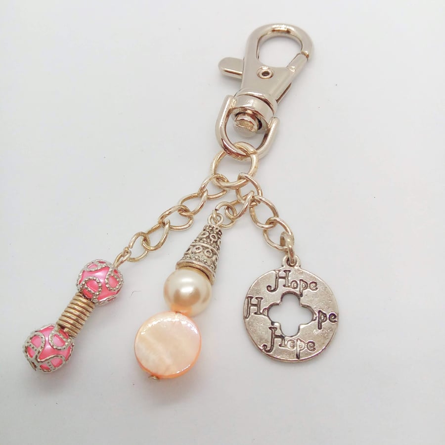 Beaded Bag Charm With A Silver Hope Charm & Pearl & Mother of Pearl Beads