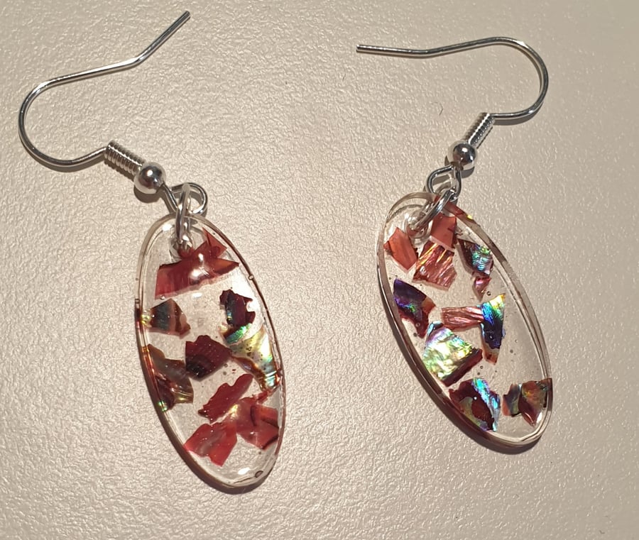 Oval red mother of pearl resin earrings
