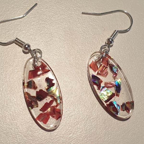 Oval red mother of pearl resin earrings