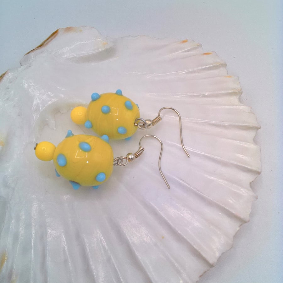 Yellow Art Glass Bead with Blue Dots, Gift for Her, Art Glass Earrings, Earrings