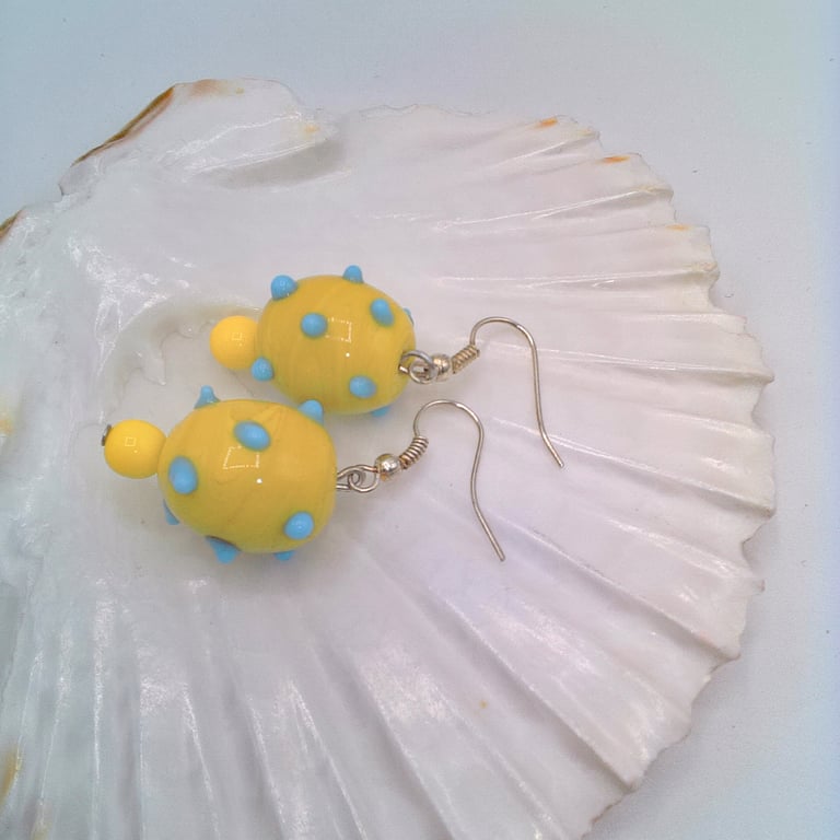 Yellow Art Glass Bead with Blue Dots, Gift for Her, Art Glass Earrings, Earrings