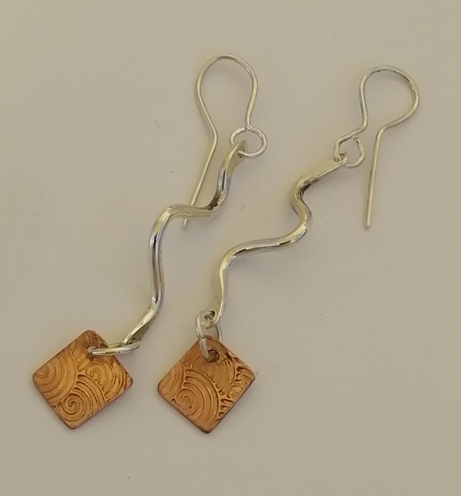 Silver Snake Earrings with Beaten Copper squares 